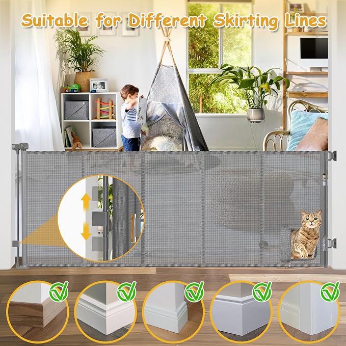 Reinforced 90” Extra Wide Retractable Dog Gate with Cat Door 33 Inch Tall Retractable Pet Gates for Wide Openings Mesh Baby Gate with Cat Door Long Gates for Kids or Pets with Reinforced Strips, Gray