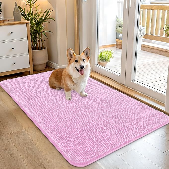 OLANLY Dog Door Mat for Muddy Paws 45x27, Super Absorbent Chenille Mud Mat | Pink, Absorbs Moisture and Dirt, Non-Slip Machine Washable Doormat, Quick-Drying Indoor Entryway Floor Carpet for Dogs