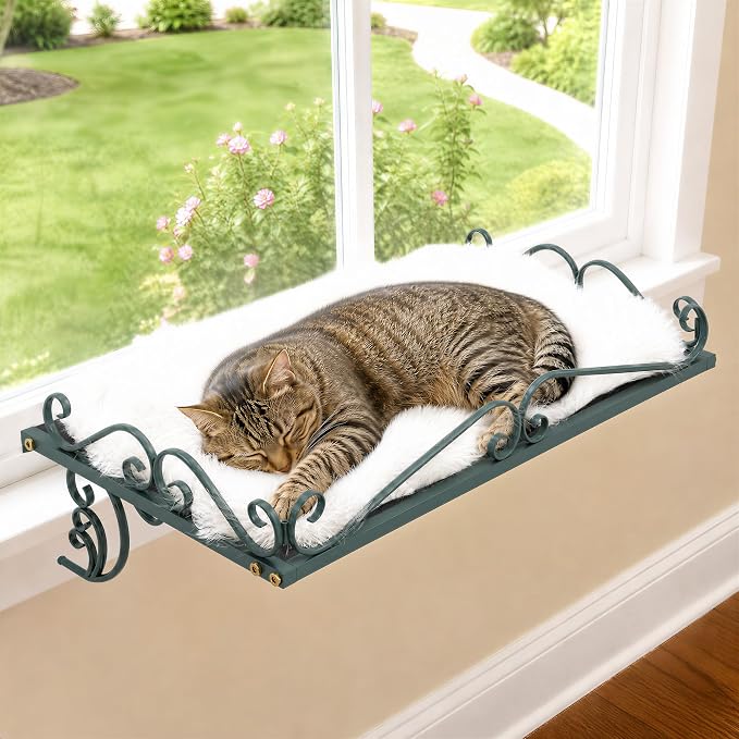PUPETPO Cat Window Perch for Large Cats, 2-in-1 Window & Sill Mount, Green | Heavy-Duty Iron Frame with Triangle Support, Cat Window Bed with Plush Cushion, Holds 40+ lbs