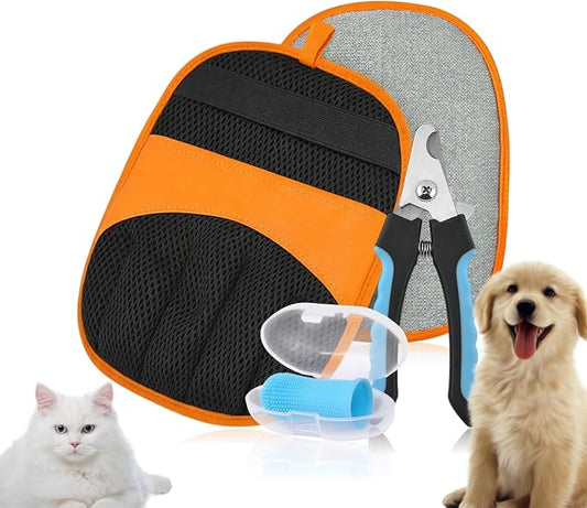 Pet Grooming Glove Set for Dogs & Cats - Professional Pet Hair Removal Glove with Free Nail Clippers and Silicone Finger Toothbrush