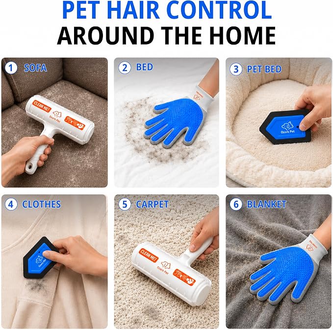 Ozark 4-in-1 Pet Care & Pet Hair Control System for Dogs & Cats – Deshedding Tool, Pet Hair Remover, Grooming Glove, Detail Cleaner for Furniture, Couch, Carpet, Home & Car (Blue, Combo 4-in-1 Large)