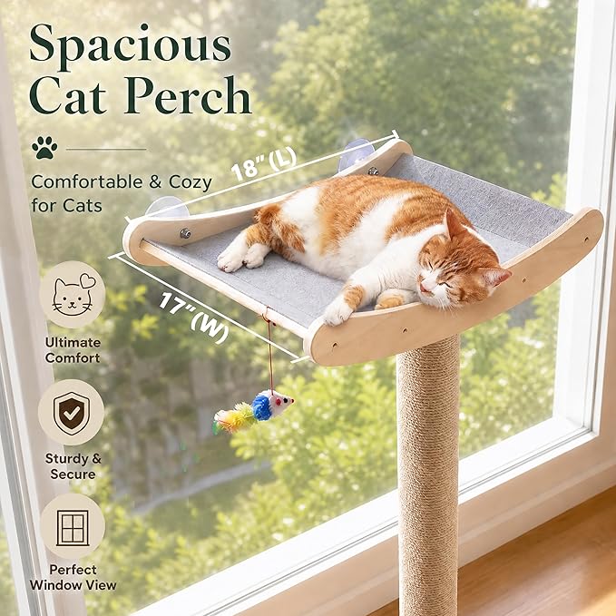 Cat Window Perch with Scratching Posts, 46-Inch Wooden Tree for Large Cats | For Big Cats & Maine Coons; Heavy-Duty Suction Cups Mounting; Spacious Wood Bed ; Drill-Free; Holds Up to 40 lbs
