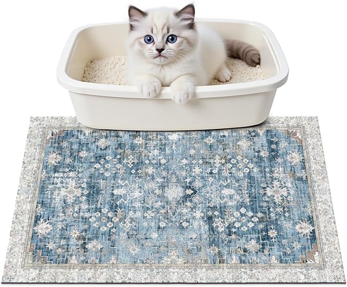 Cat Litter Mat Litter Trapping Mat, 24"x15" Waterproof Urine Proof Litter Box Mat Catcher Mat Non-Slip Washable for Kitty Kitten, Blue