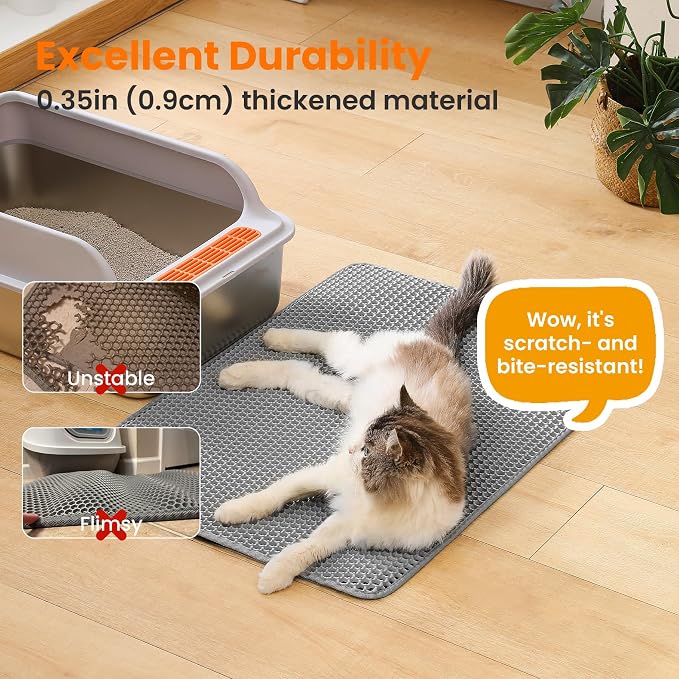 Extra Large Cat Litter Mat, Double Layer Honeycomb Design, Gray | 30x22”, Reduces Litter Tracking, Easy to Clean, Waterproof, Non-Slip, Soft on Paws, Scratch Resistant, Gray, XL