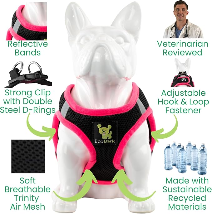 EcoBark Teacup Dog Harness - Luxury Step in Dog Harness in Black & Pink - Soft & Secure Body Halter Vest - Reflective Halter Vest