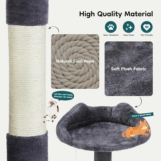 DUMOS 54 Inch Cat Tree Tower with Scratching Posts | Indoor Multi-Level Pet House for Large Cats with 2 Condos, Round Platform, Small Ladder and Toys, Grey