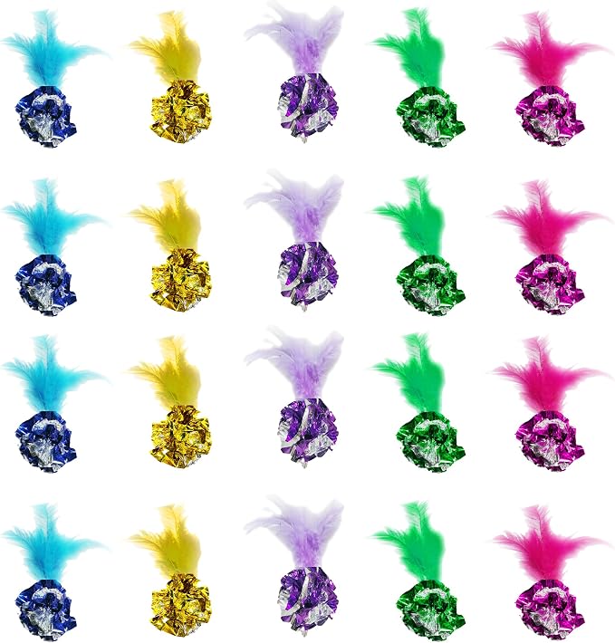 SunGrow Mylar Crinkle Balls with Feathers, 2.5-Inches, Shiny Stress Buster Crinkler, Suitable for Multiple Cats' Engagement, Ideal for Kittens and Grown-up Cats, 20-Pcs