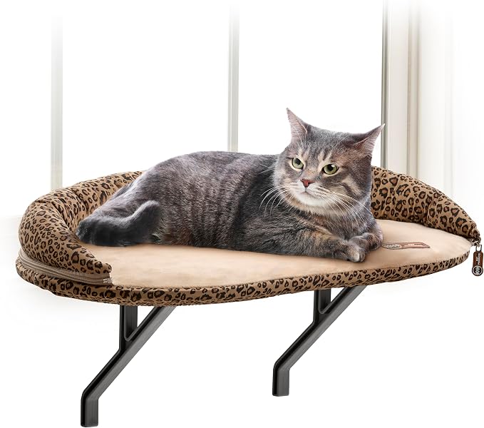 K&H Cat Window Perch, Deluxe Kitty Sill with Bolster, 24x14in, Tan/Leopard | Cat Window Hammock Bed, Orthopedic Window Bed Holds 40 lbs, Washable Cover, Indoor Windowsill Furniture