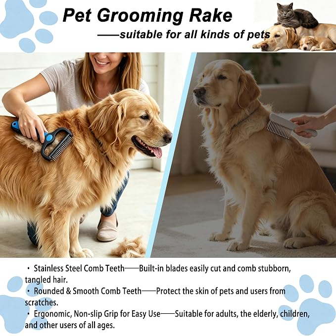 2-In-1 Pet Grooming Brush, Dog Brush for Shedding with Bonus Metal Comb | Rounded-Tooth Comb Double Sided Brush with Varied Spaced Teeth for Efficient Removing Knots and Loose Hair
