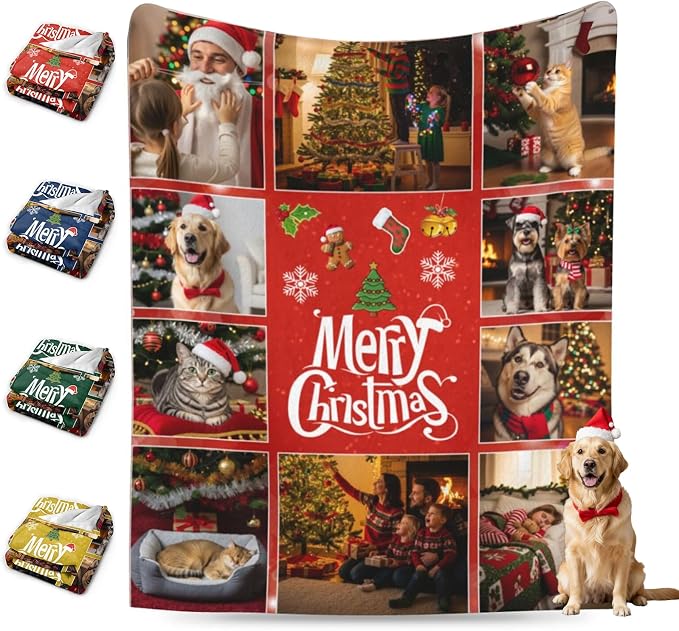 Nxwdwqa Personalized Christmas Dog Blanket Throws with Photos, Custom Christmas Pet Blanket, Dog Gifts for Pet Lovers, Customized Puppy Blanket for Adult Kid Birthday Fathers Mothers Valentines Gift