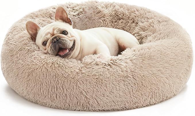 Love's cabin Calming Dog & Cat Bed, Cat Bed for Indoor Cats, Anti-Anxiety Donut Round Bed, Fluffy Warming Pet Bed for Small Medium Dogs and Cats, Beige Taupe 20"/24"