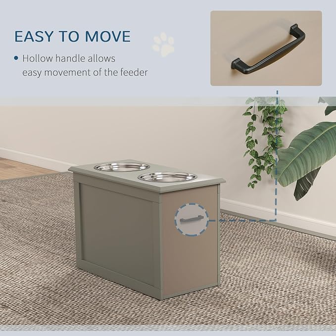 PawHut Raised Pet Feeding Storage Station with 2 Stainless Steel Bowls Base for Large Dogs and Other Large Pets, Gray | with2 Stainless Steel Bowls Base for Other Large Pets