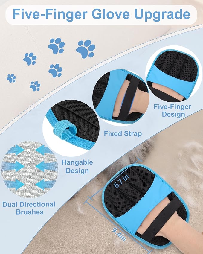 2 Pack Pet Hair Removal Glove, Five-Finger Tool for Dogs and Cats | Electrostatic Magic Brush, Reusable, for Furniture, Clothes and Car Seats, Grooming or Cleaning Needs(Blue)