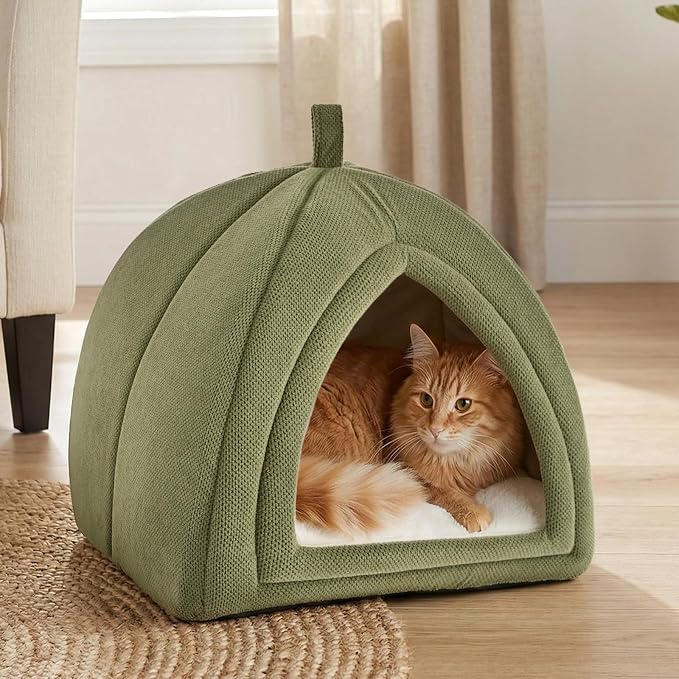 Amazon Basics Cat Cave Bed, 2-in-1 Foldable House for Indoor Cats, with Washable Cushion and Non-Slip Base, 15 x 15 Inches, Small, Green