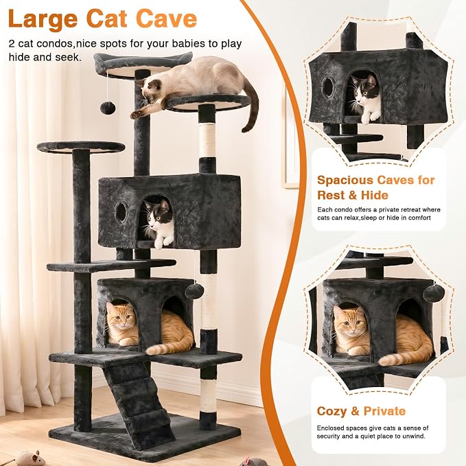 FDW | 54" Cat Tree Tower | Dark Gray | Multi-Level Indoor Activity Center | with Sisal Scratching Posts, Condos, Plush Perches, Hanging Cat Toys | Sturdy, Easy to Assemble | for Kittens & Adult Cats