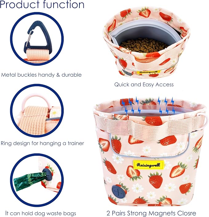 Raisingwell Dog Treat Pouch for Pet Walking and Training with Clicker 2 Cup Silicone Bag Small Fanny Pack Holder for Puppy Snack Dispenser Kit for Leash and Outdoor Use (Strawberry)