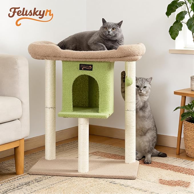 Cat Tree Tower Scratching Post for Indoor Large Adult Cats with Perch Bed | 28in Tall Small Cat Trees House with Big Perch, Condo, Toy Balls, Modern Kitten Climbing Furniture Platform, Green