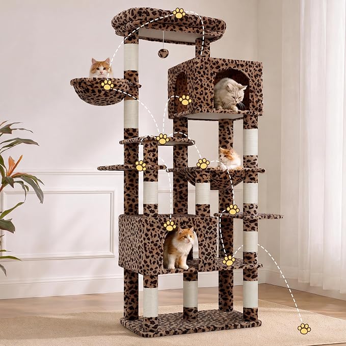 Heybly Cat Tree, 76-Inch Tall Heavy Duty Cat Tower for Big Cats HCT039BW | Multi-Level Large Cat Furniture with Extra Wide Baseboard, 2 Condos & 2 Hammocks, 10 Scratching Posts, Leopard Print