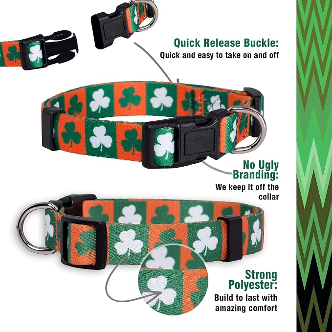Native Pup St Patricks Dog Collar- Saint Patrick Green Shamrock Pet Collars- St. Patrick’s Lucky Irish- Adjustable for Small, Medium, Large Breeds (Green & Orange Shamrock, Small)