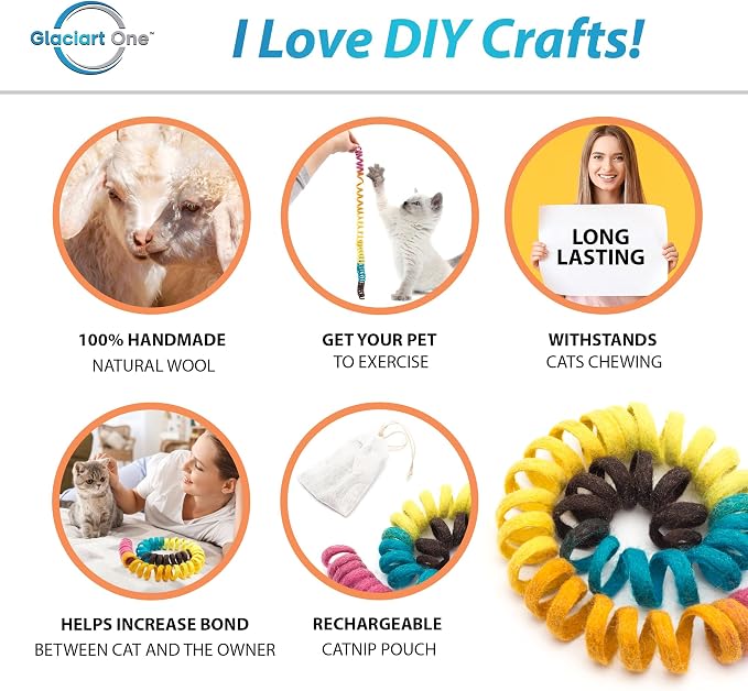 Glaciart One XL Felt Spring Cat Toy – Soft Fuzzy Enrichment 100% Natural Wool - Interactive Stretchable Play Cat Toy Set - Safe for Pets, Non-AZO Colored Dyes - 40” Long