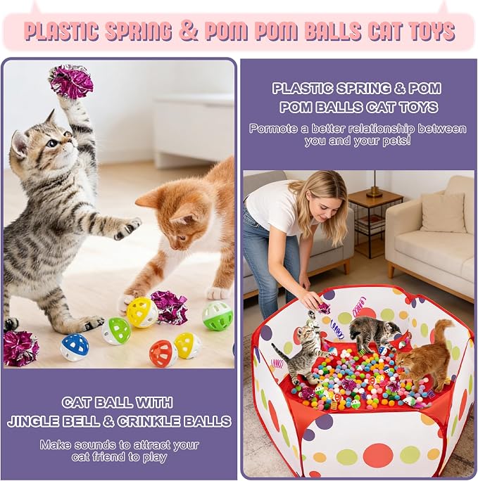 Cat Ball Pit with Balls for Cats, 176 Pcs Interactive Cat Toys for Bored Indoor Cats Self Play Cat Enrichment Toys for Fun and Exercise, Pom Pom Balls Jingle and Crinkle Ball, Springs and Mice toy