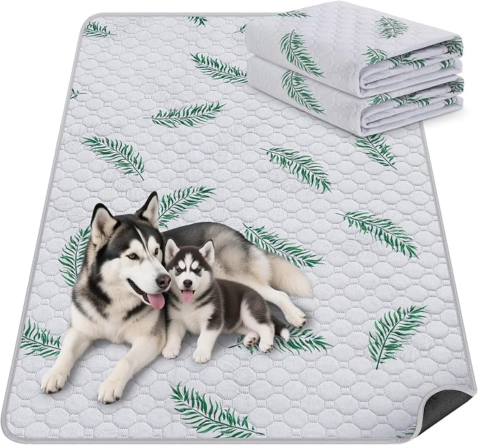 Washable Dog Pee Pads, Non-Slip Waterproof, 32 x 52 in, 2 Pack, Leaf | Super absorbent, waterproof and non-slip; washable, reusable dog pads for crates, playpens, floors, furniture and travel