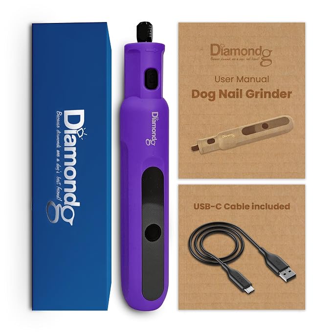 Diamondg Micro Dog Nail Grinder - Quiet Sound with LED Light, Purple | 5-Speed Rechargeable Pet Nail Trimmer for Small & Large Dogs, LCD Display, USB-C Charging, 4hrs. Runtime Rotary Tool