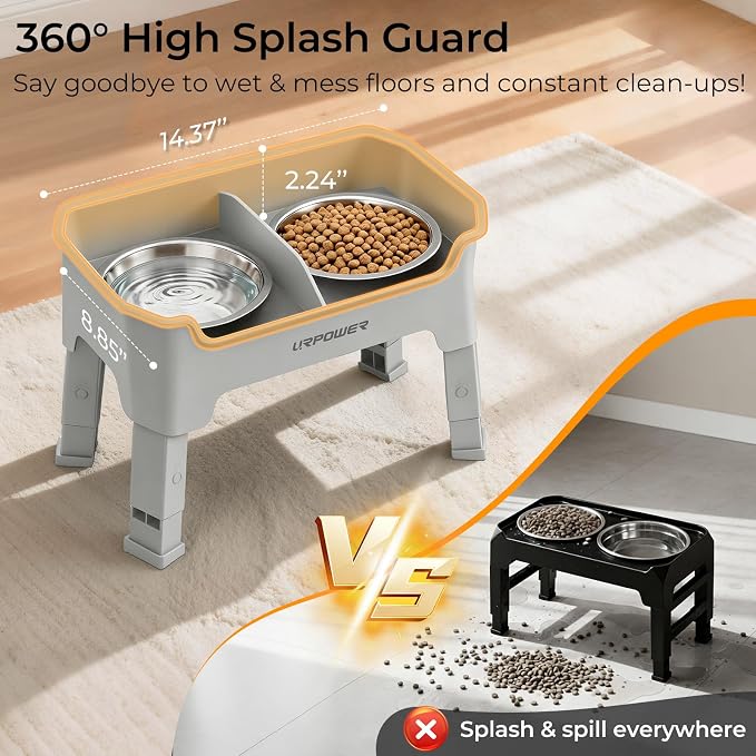 URPOWER Mess Proof Elevated Dog Bowls 4 Height Adjustable Raised Bowl Stand with 2 Stainless Steel Dog Bowls Non-Slip Food and Water Bowl Set for Small Dogs, Light Grey