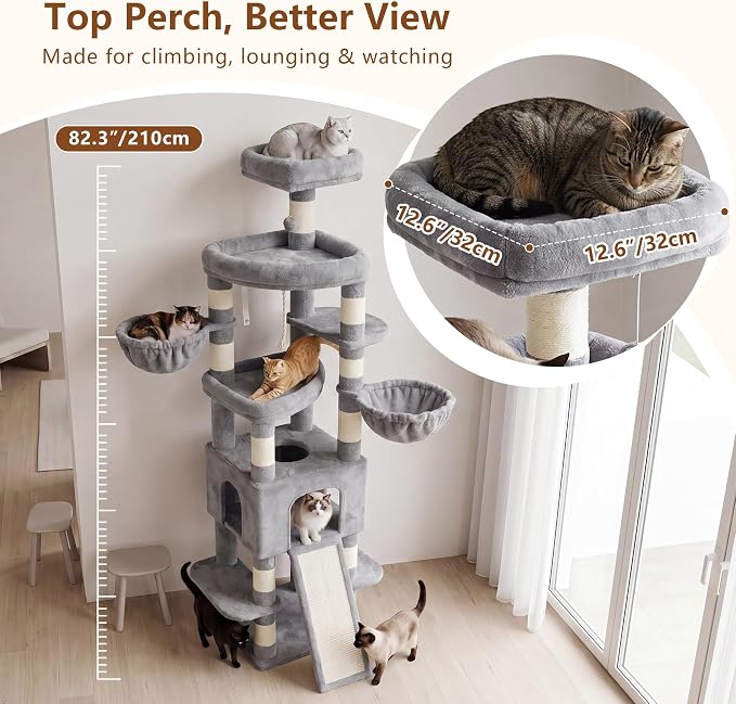 Heybly Cat Tree, 82.7″ Extra Tall Cat Tower for Large Cats Adult HCT063W | Giant Cat Condo with Multi-Level Platforms, 2 Baskets, Spacious Cat Cave, Wide Sisal Scratching Board, Light Gray
