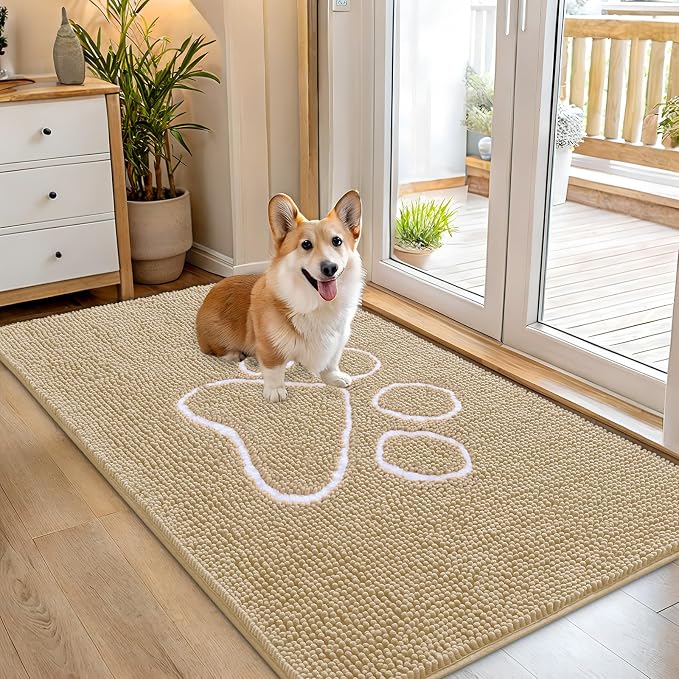 OLANLY Dog Door Mat for Muddy Paws 54x32, Paw Print Design Chenille Mud Mat | Beige, Absorbent, Traps Moisture and Dirt, Non-Slip Washable Doormat, Quick-Drying Indoor Entryway Floor Carpet for Dogs