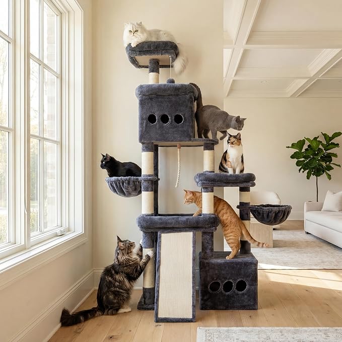Heybly Cat Tree 72.4-Inch Anti-Tip Cat Tower with Spacious Perches HCT060G | All-in-One Cat Furniture for Large Cats, Multiple Interactive Areas, Extra-Large Sisal Scratching Board, Smoky Gray