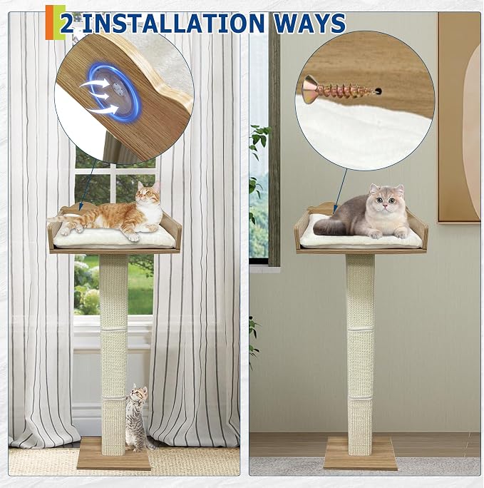 GarveeLife Cat Window Perch with Tall Scratching Posts and 2 Platforms, 40 in Sisal Climbing Tree Hammmock with Suction Cups, 2 Install Ways, Cats Window Bed with Removable Cushion