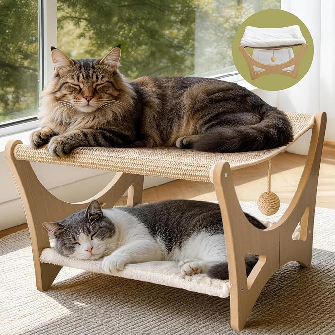 Double-Layer Cat Hammock Bed, Wooden Elevated Cat Beds with Natural Sisal Scratching Mat, Cats Scratcher Bed with Removable Soft Cushion, Cats Scratching Beds with Wood Frames