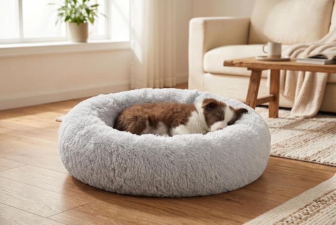 SAVFOX 30 inches Calming Donut Dog Bed - 3X Durable Plush Faux Fur, Machine Washable & Non-Slip, Fits up to 45 lbs, Light Grey