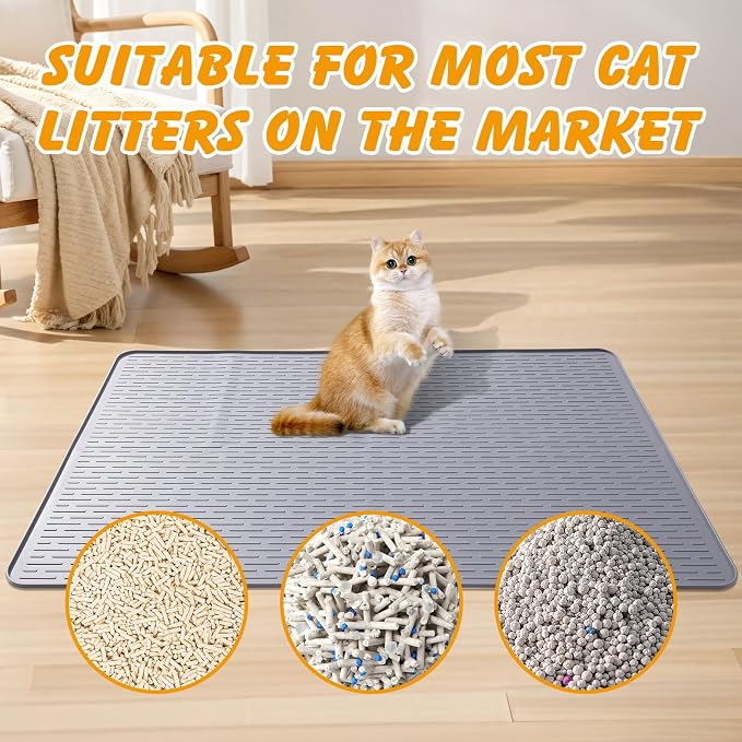 Silicone Cat Litter Mat 34 x 22 in, Waterproof Raised Edge, Gray | Quick-clean silicone, traps litter, stain and odor resistant, non-slip base, for litter box or feeding area