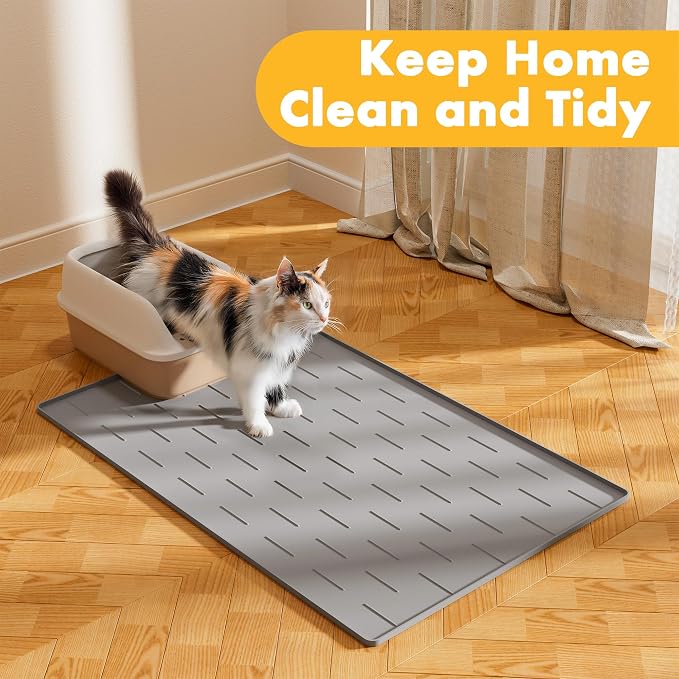 Pieviev Silicone Cat Litter Mat, Traps Litter & Easy to Clean, 34'' x 22'' | Raised Edges Lock Litter & Urine, Scratch and Wear-Resistant Cat Box Mat, Non-Slip Backing, Fit Most Standard Boxes