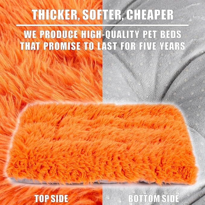 Machine Washable Dog Bed, Deluxe Plush Dog Crate Pad and Cat Bed, Anti-Slip Bottom Kennel Pad Mat, Fuzzy Pet Beds for Large, Medium, Small Dogs Breeds (Orange, 24.0" L x 18.0" W x 3.0" Th x 2 Pack)
