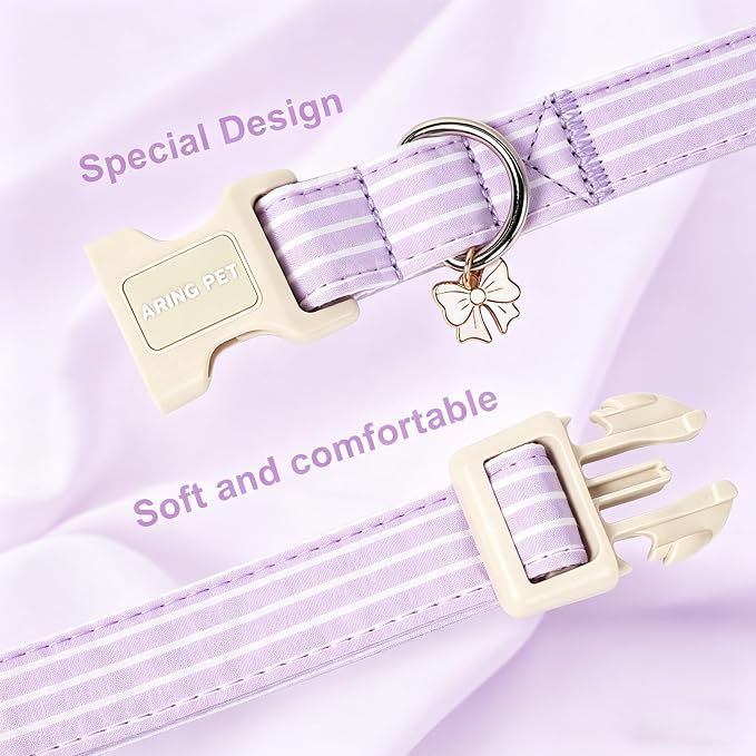 ARING PET Stripe Dog Collar, Cute Spring Summer Purple Stripe Pet Collars with Bow Charm for Puppy Small Medium Large Boy Girl Dogs, for Daily Outdoor Walking Beach Stroll-S
