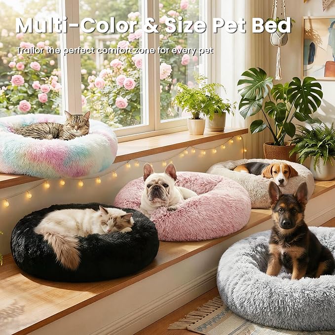 Love's cabin Calming Cat Bed for Indoor Cats, Anti-Anxiety Donut Round Dog Bed, Fluffy Faux Fur Washable Pet Bed for Small Medium Dogs and Cats, Grey, 20in