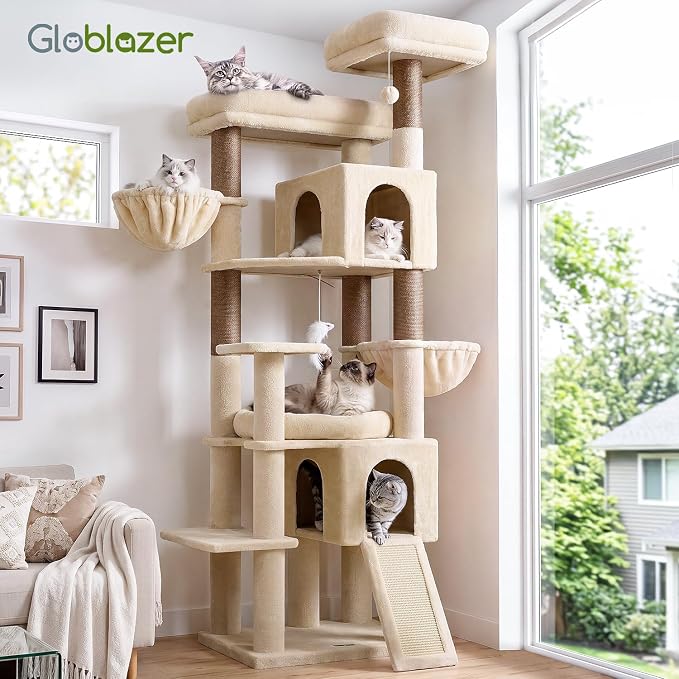 Globlazer Tall Cat Tree for Indoor Large Cats, 75 inch, F75C, Beige | Multi-Level Cat Tower, 2 Large Platforms, 2 Oversized Cat Condos, 5 Scratching Posts, Scratching Board, Removable Pet Bed