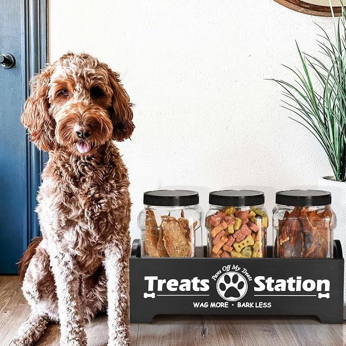 Dog Treat Container Dog Food Storage Container for Countertop, Cat Food Storage Container with 3 Plastic Dog Treat Jar, Dog Food Storage Container for Dog and Cat, Black Wooden Dog Food Container