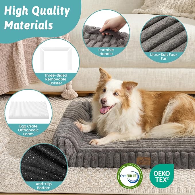 COZY KISS Ultra Soft Faux Rabbit Fur Dog Bed for Large Dogs – 48"x35" Orthopedic Foam Couch, Removable Washable Cover & Waterproof Lining, Grey