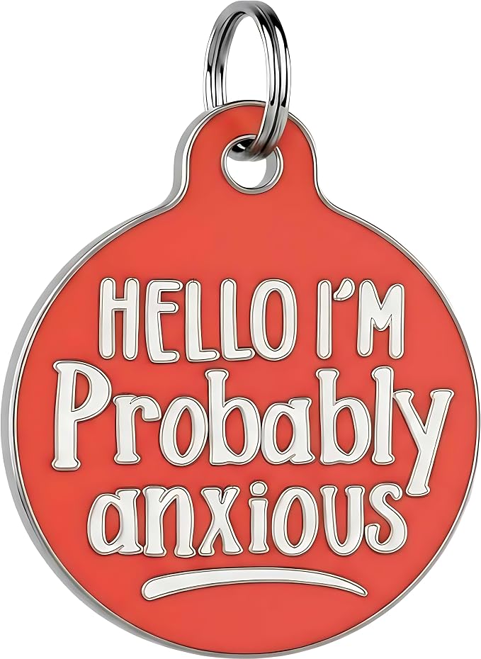 Bad Tags Personalized Dog and Cat ID Tags in 25+ Designs and 2 Sizes - 5 Lines of Custom Engraved Text - Funny Cute Personalized Pet Tags (Hello I'm Probably Anxious - Coral, Large (1.25 inch))
