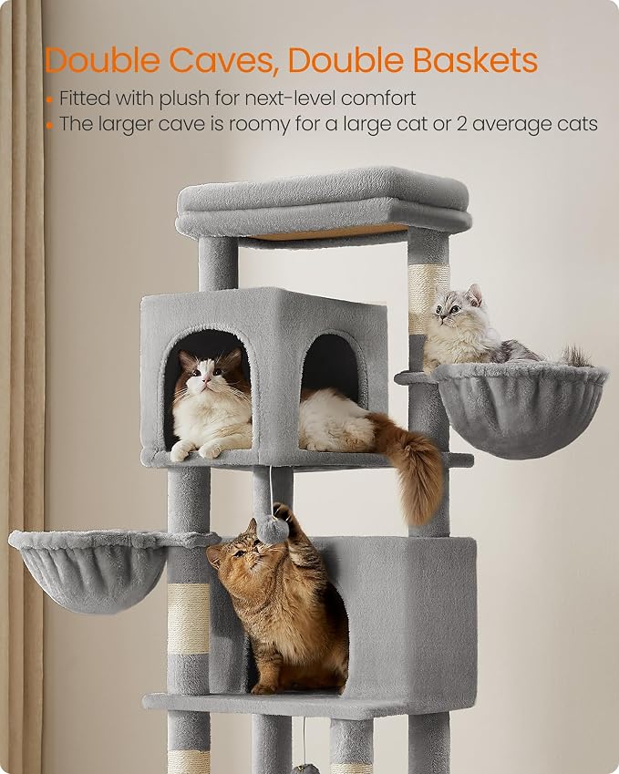 Feandrea Cat Tree, 69-Inch Tall Cat Tower, Multi-Level Plush Condo with 2 Caves, 2 Baskets, 5 Scratching Posts, Self-Groomer, Perch, Hammock, Dove Gray UPCT182G01