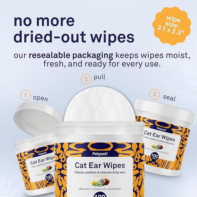 Petpost | Cat Ear Cleaner Wipes - Ultra Soft Cotton Pads in Coconut Oil Solution - Treatment for Removing Cat Ear Dirt & Wax 100 ct.
