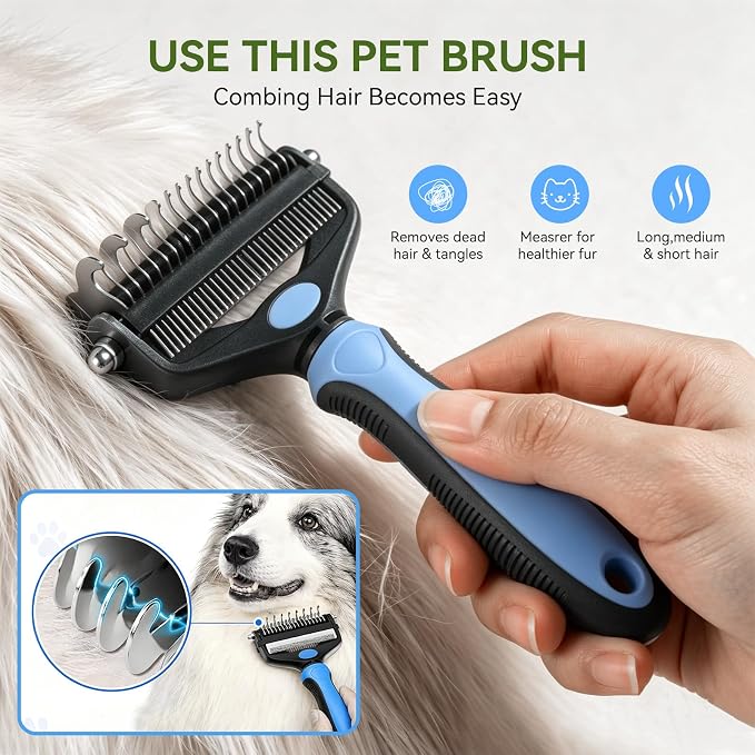 Deshedding Dog Brush, Undercoat Rake for Cats & Dogs, Pet Pro Grooming Tool | 3-in-1 Non-Slip Handle, Effectively Removes Mats Tangles & Loose Fur, Reduces Shedding for Long Short Hair Pets, Blue