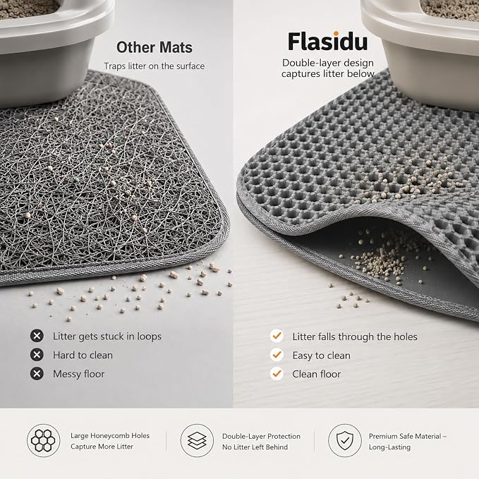Cat Litter Box Mat,Double-Layer Honeycomb Litter Trap 30"x22" Gray | Catches Scattered Particles to Stop Tracking,Waterproof Design Urineproof Base Protects Floors, Easy to Clean, Indoor Cats