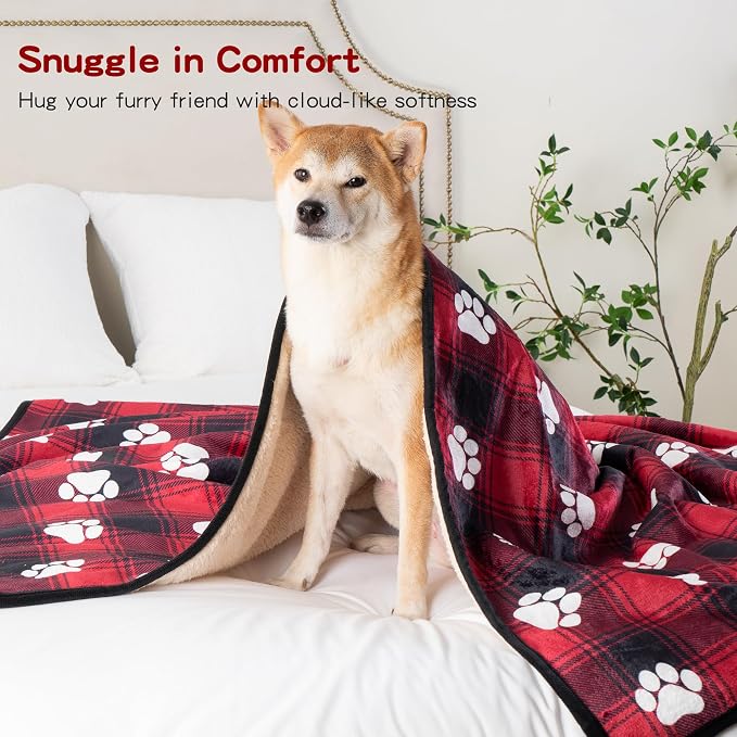 Waterproof Dog Blankets Pet Blanket 60"x80", Soft Fluffy Sofa Car Bed Protector, Reversible Sherpa Fleece Dog Blanket for Large Dogs Christmas Decor(Paw Red)