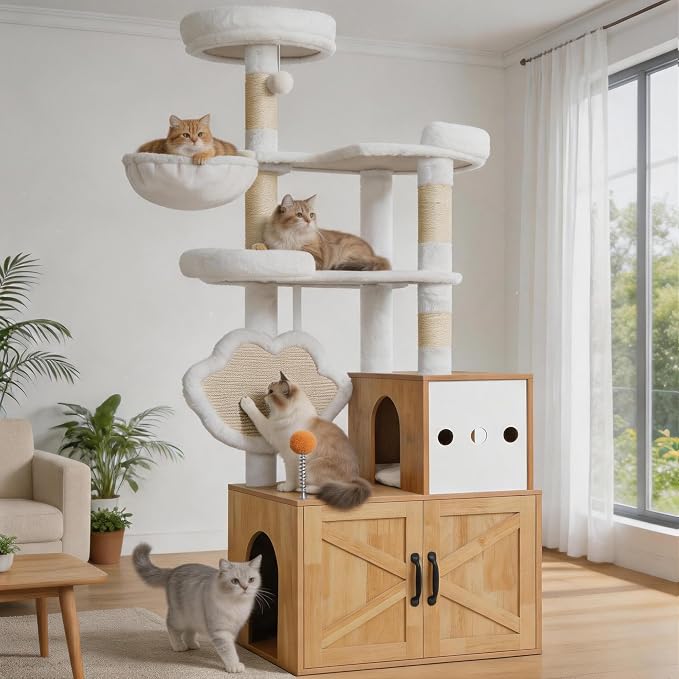 Heybly Cat Tree with Litter Box Enclosure, Modern 64" Hidden Tower HCT105WB | All-in-One Solid Wood Cat Condo for Indoor Cats with Paw-Shaped Board, Multi-Level Perch & Playzone, Walnut