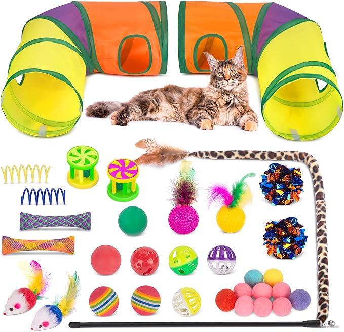 Retro Shaw 33 Pack Cat Tunnel Toy Set for Indoor Cats Kittens, Solves Boredom & Anxiety with 2 Collapsible Tunnels Interactive Feather Wand Springs Balls Crinkle Toys Mice
